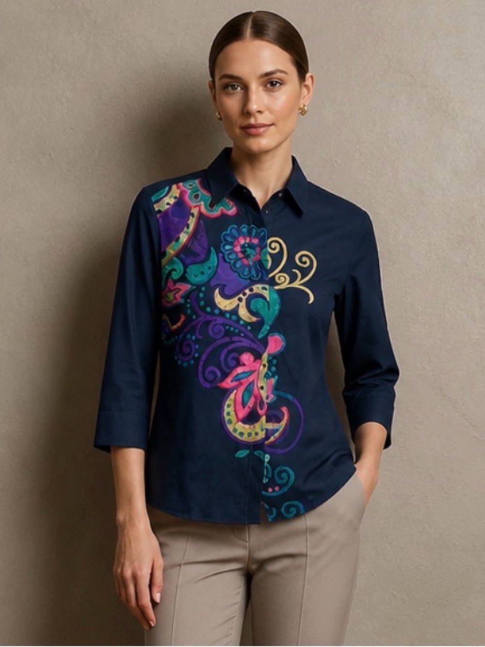 Chico’s Navy Blue Paisley Print No Iron Cotton ¾ Sleeves Blouse Size 1 (S/8)